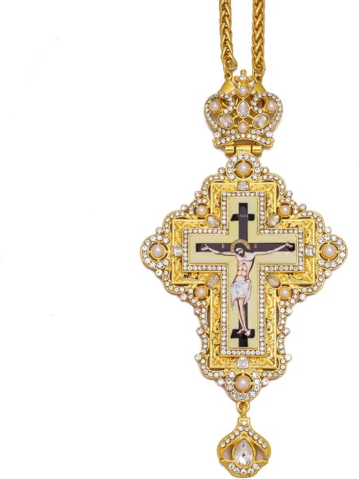 White Pearl 18K Gold-Plated Christian Pectoral Cross Pendant Necklace with Crystal Accents