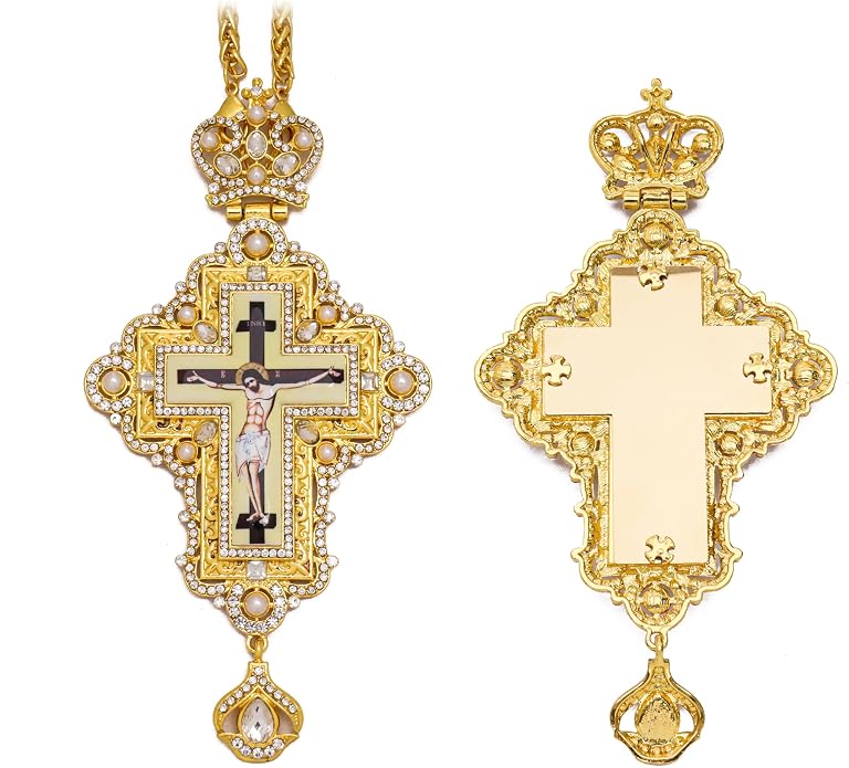White Pearl 18K Gold-Plated Christian Pectoral Cross Pendant Necklace with Crystal Accents
