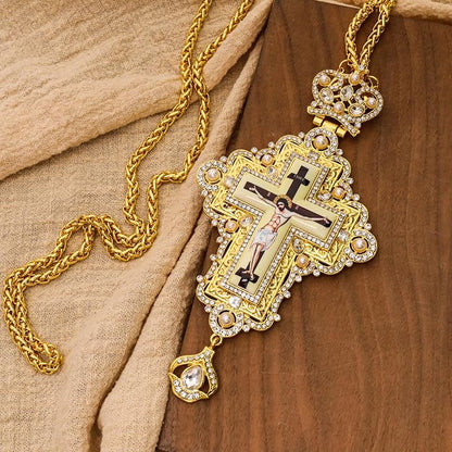 White Pearl 18K Gold-Plated Christian Pectoral Cross Pendant Necklace with Crystal Accents