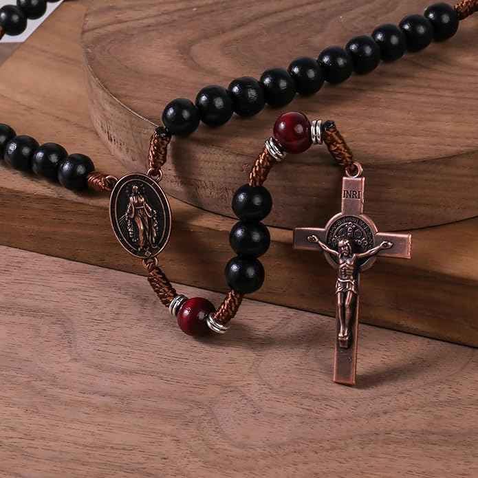 Handmade Black & Dark Red Wooden Rosary Necklace Antique Copper Miraculous Medal & Crucifix Catholic Prayer Beads for Men