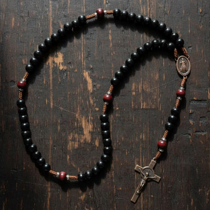 Handmade Solid Wood Catholic Rosary Beads Black & Dark Red Wood Mystery Beads Prayer Necklace with Antique Copper Guadalupe Medal & Crucifix